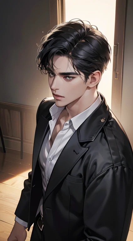 (best quality, masterpiece, 8K, photorealistic, cinematic lighting, 1:4 hdr image, top view, ultra detailed, beautiful image), a mature man, very handsome, short black hair, black eyes, perfect face without errors , ((buttoning his jacket, CEO))