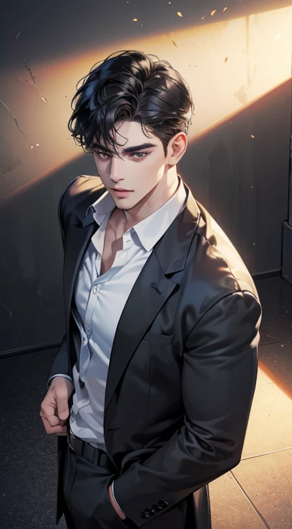 (best quality, masterpiece, 8K, photorealistic, cinematic lighting, 1:4 hdr image, top view, ultra detailed, beautiful image), a mature man, very handsome, short black hair, black eyes, perfect face without errors , ((buttoning his jacket, CEO))