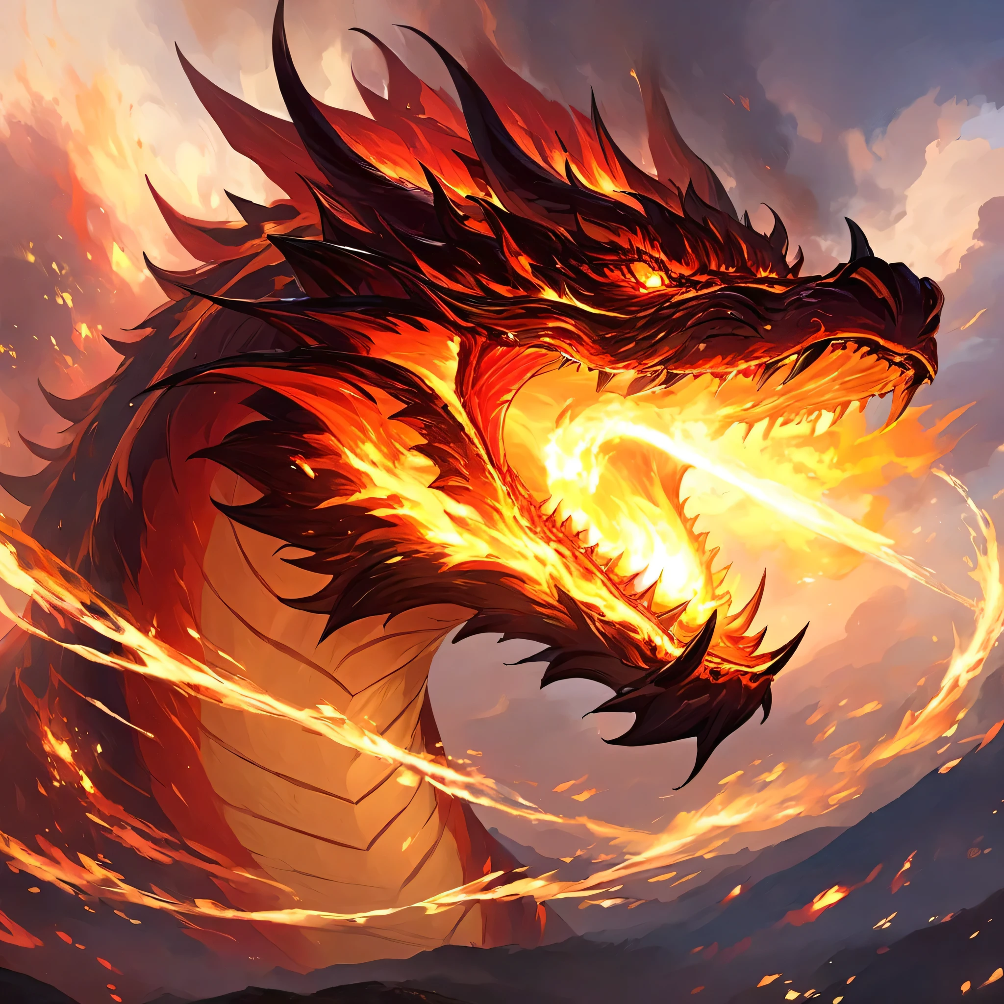 Dragao de fogo, voando no ceu e cuspindo fogo