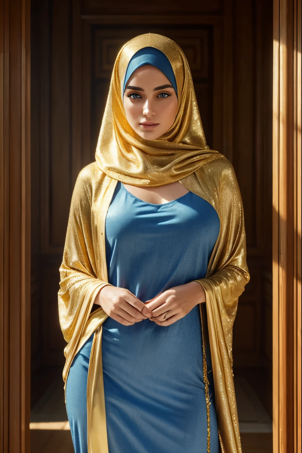 woman, beautiful, masterpiece, use golden hijab, cluster, original, realistic, high resolution, blue eyes, view to waist, some torn in clothes, wet skin