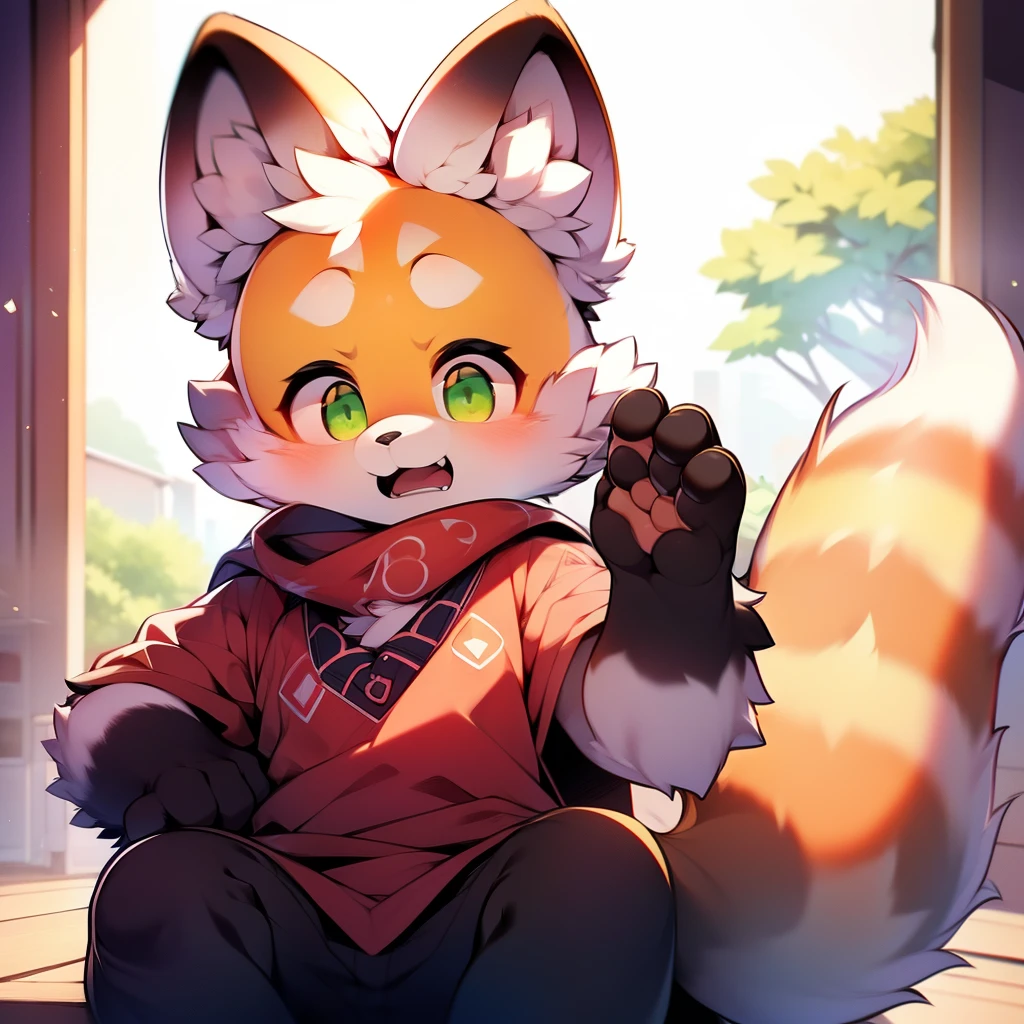 Lesser panda, green eyes, furry, shota, happy, clothes, 