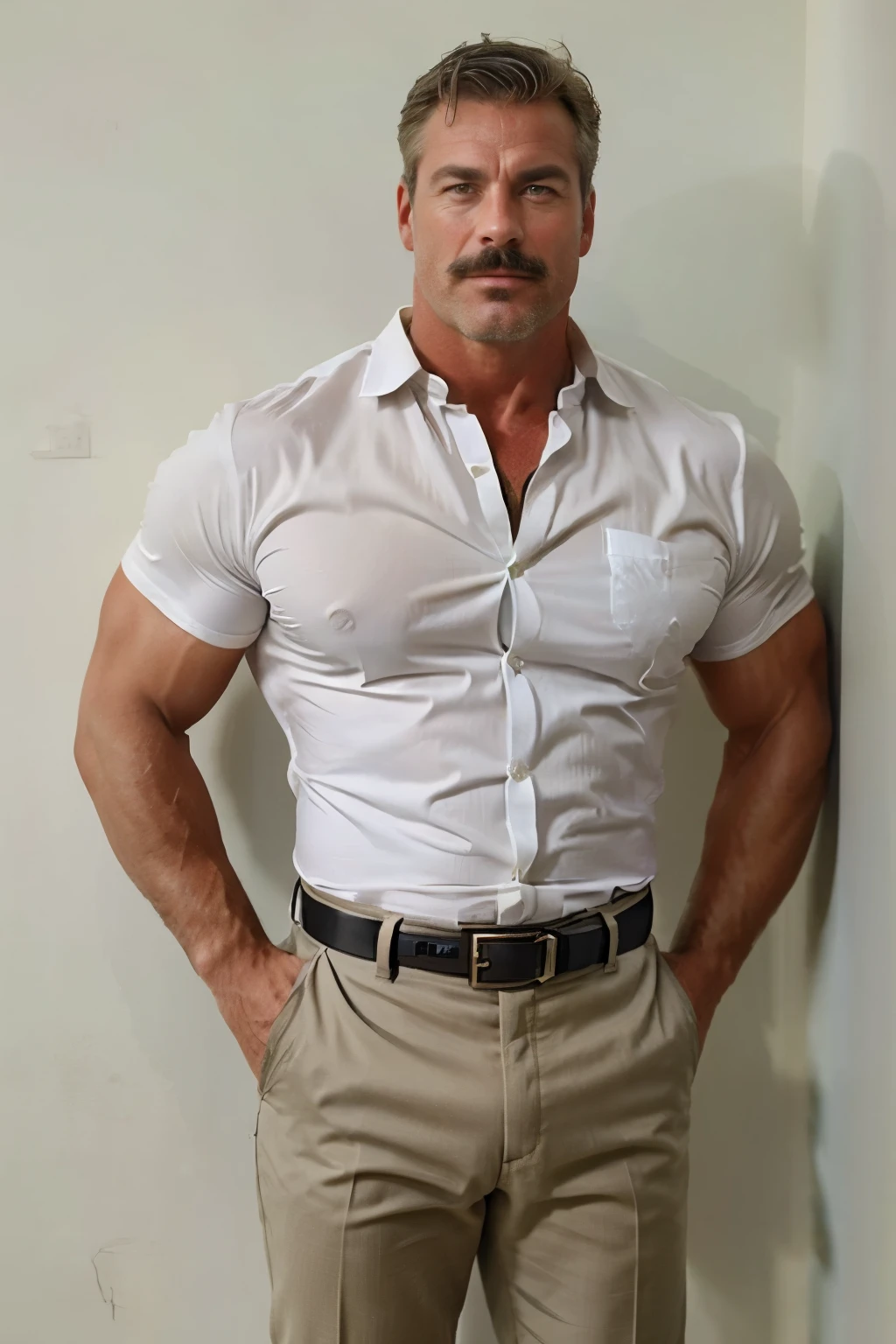 age 45, white man police detective with a mature, backside, kind demeanor, strong and muscular yet chubby build, mustache, wearing dress pants and a buttoned-open translucent shirt that reveals a hairy chest and a noticeable bulge, wearing detective badge on belt, giving off a hint of a horny yet disgusting aura, completing the look with comfortable loafers.