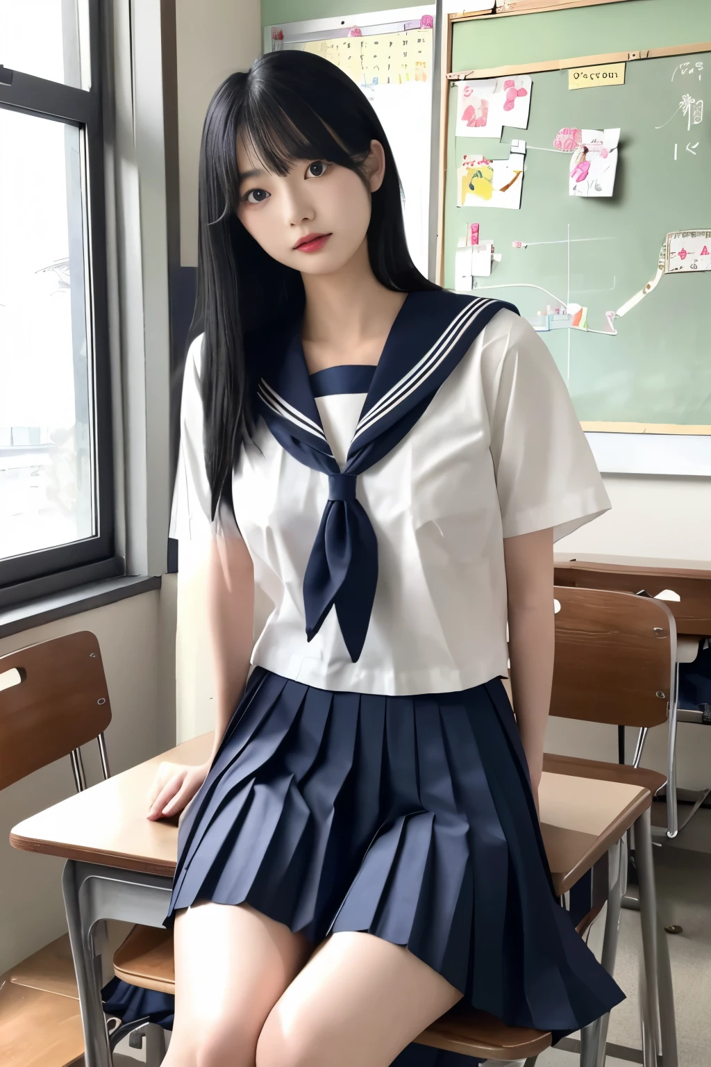 Masterpiece、highest quality、Woman 1、Super detailed Black Hair、Straight Hair Japanese school girl uniform、Sailor suit、Pleated skirt、Long skirt、erect nipples、Nipples sticking out Muscular thighs classroom、blackboard