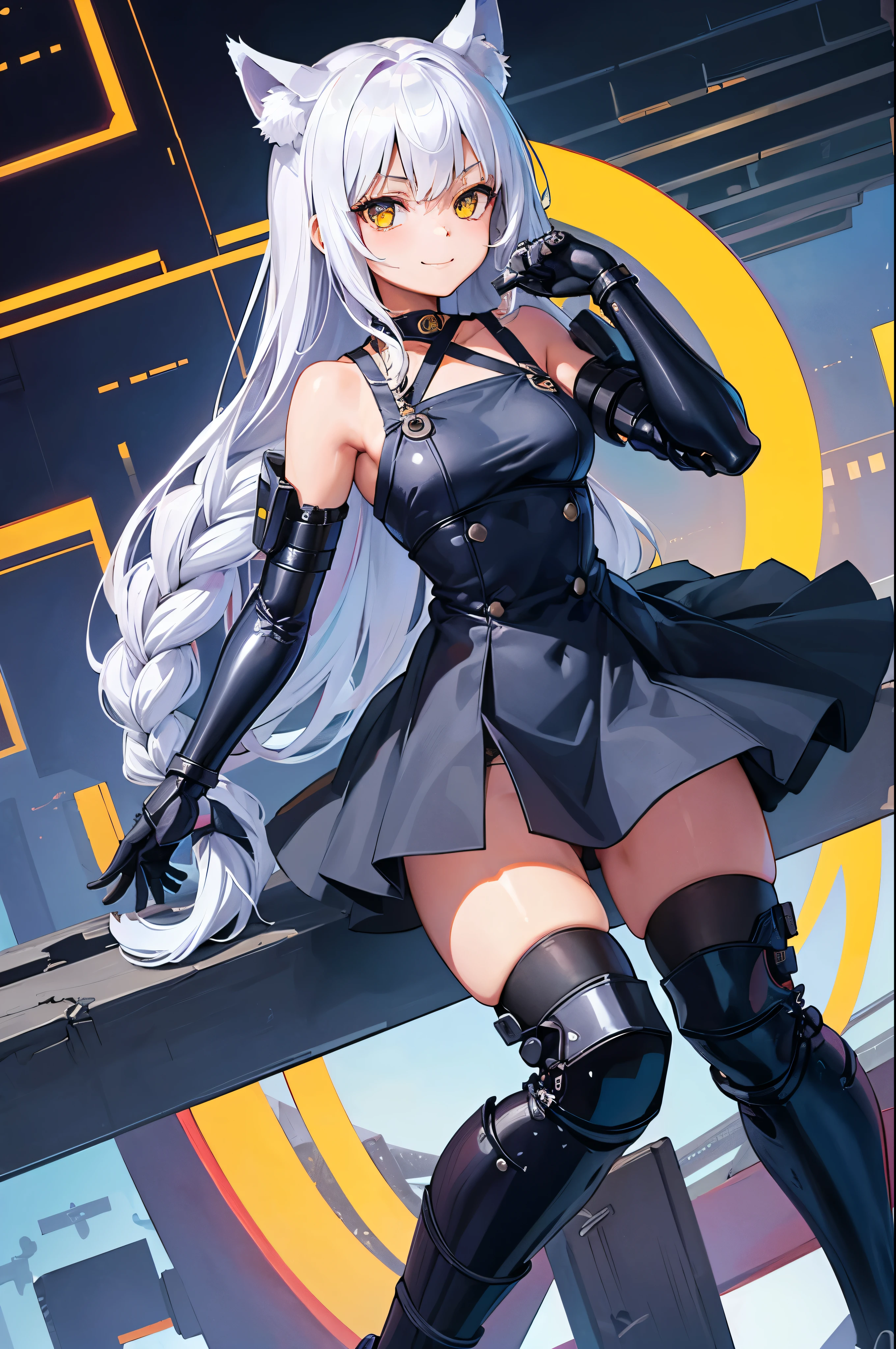 masterpiece, highest quality, Perfect Face, Highest Resolution, Highest quality,Detailed depiction of the eyes, foxy, 1 girl, young, skinny body, White Hair, Long Hair,one side braid grated, Cat ear, Big cat eyes, Yellow Eyes, cyber punk, Have fun, smile, Nymphomaniac, navy blue mechanical arm guard, navy blue mechanical leg guard, Expose your shoulders, Exposing your thighs, cat tail, Black ribbon choker, small breasts, Perfect Anatomy, high angle,8k