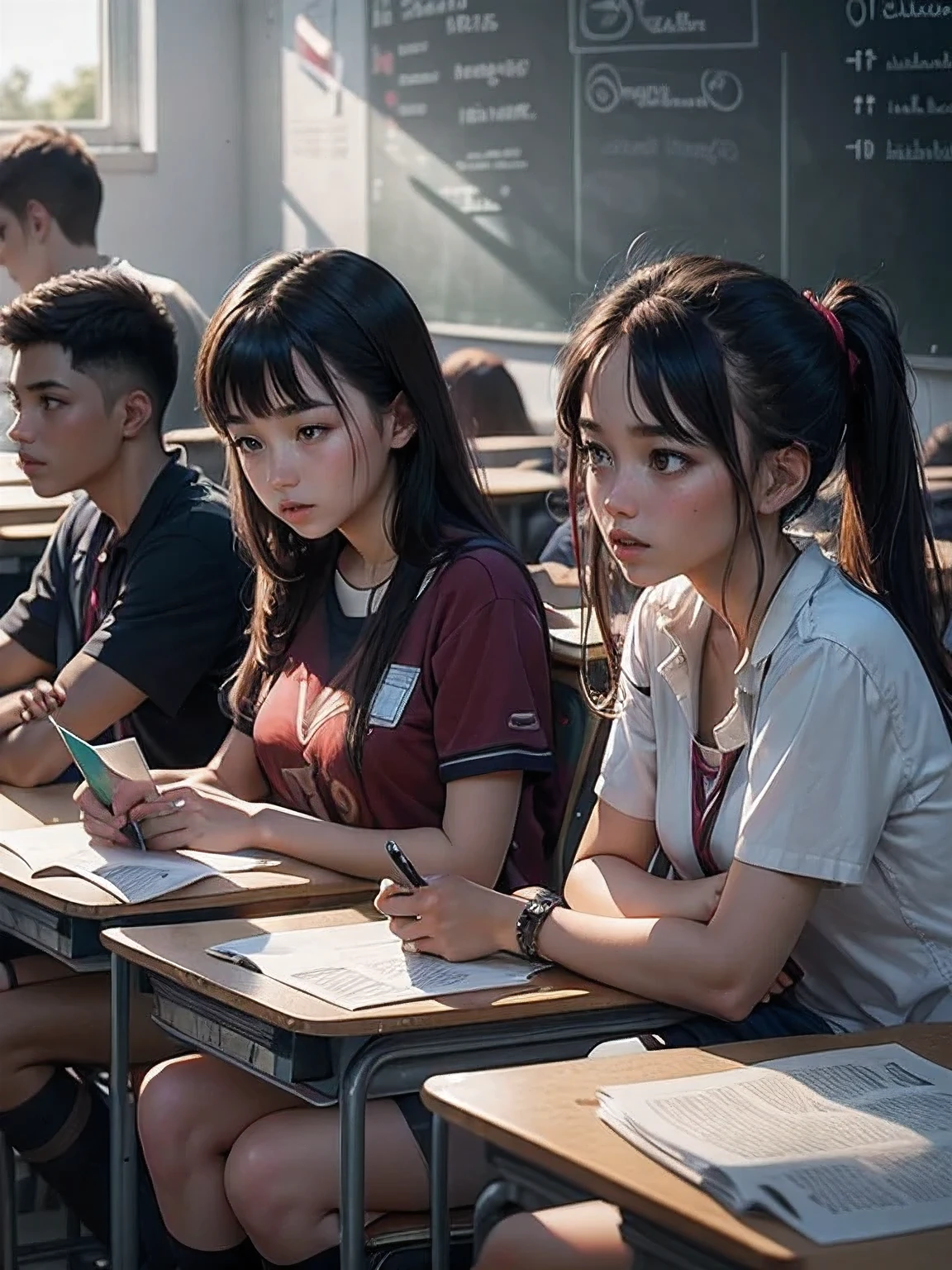 A group of students sat in a classroom, both male and female, close up