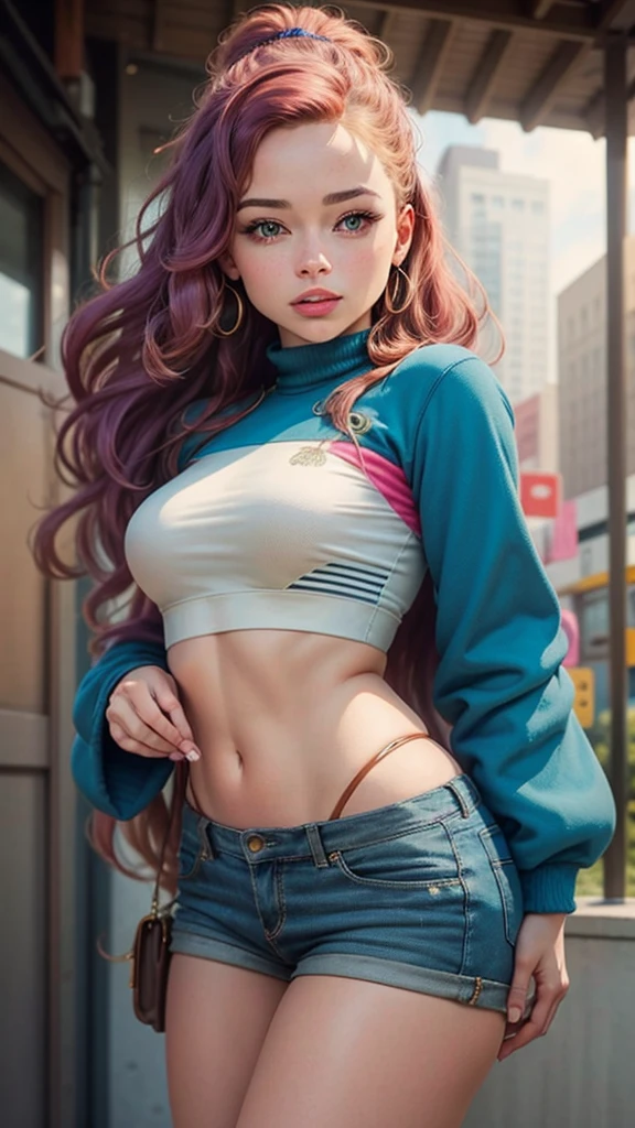 A beautiful young woman, combination of Erin Moriarty:0.7, joey king:0.5, sydney sweeney:0.4 full body portrait, line art, high-quality ink drawing, ultra-detailed, realistic shading, vibrant colors, elegant posture, hanging out, vivid colors, flat image, Looking at the viewer in hip-hop style streetwear, different, colorfull, long, highly colored hair 🌈