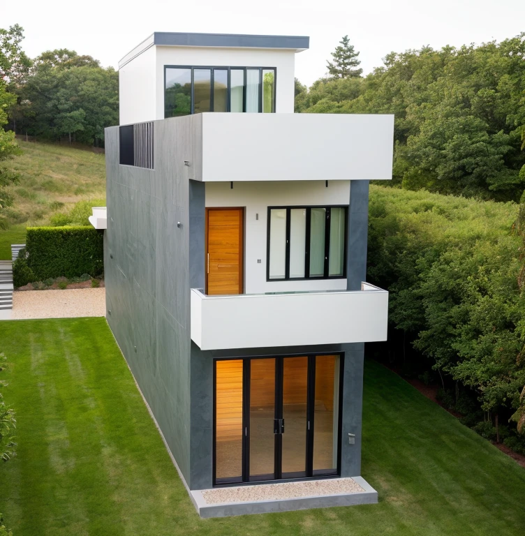 a view of a modern home with a large front yard, main material by white wall and stone and wood,  1 road runs in front of the house,  (RAW photo, real, best quality, masterpiece:1.2), look morden minimalist, 1 road in front of the house, shime ring light, light brighteness from indoor:1.2, dynamic lighting:1.3, (hyper realistic, photo-realistic:1.2), high quality, day lighht, hight contrast :0.5 perfect lighting, archdaily,  award winning contemporary, contemporary masterpiece, well-designed masterpiece, large modern residence, neotraditional modern, wide angle exterior 2022, midcentury modern, contemporary house, hip modern vibe, a long-shot from front, award winning modern design, stunning lines, residential, subtle detailing,Green tree in front of the house, sunset light