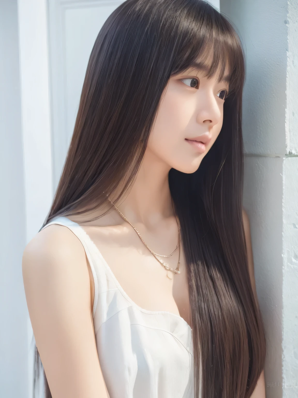 (8k、RAW Photos、highest quality、masterpiece:1.2)、Hair straightening、Chest-length hair、Straight hair、Beautiful and shiny hair、High-quality RAW color photos、Professional photos、(Realistic、photo Realistic:1.37)、Photographed in natural light、1 girl、White wall、In front of a white door、Profile looking down、break (Ombre:1.3) 、White casual dress、necklace、Thin bangs、