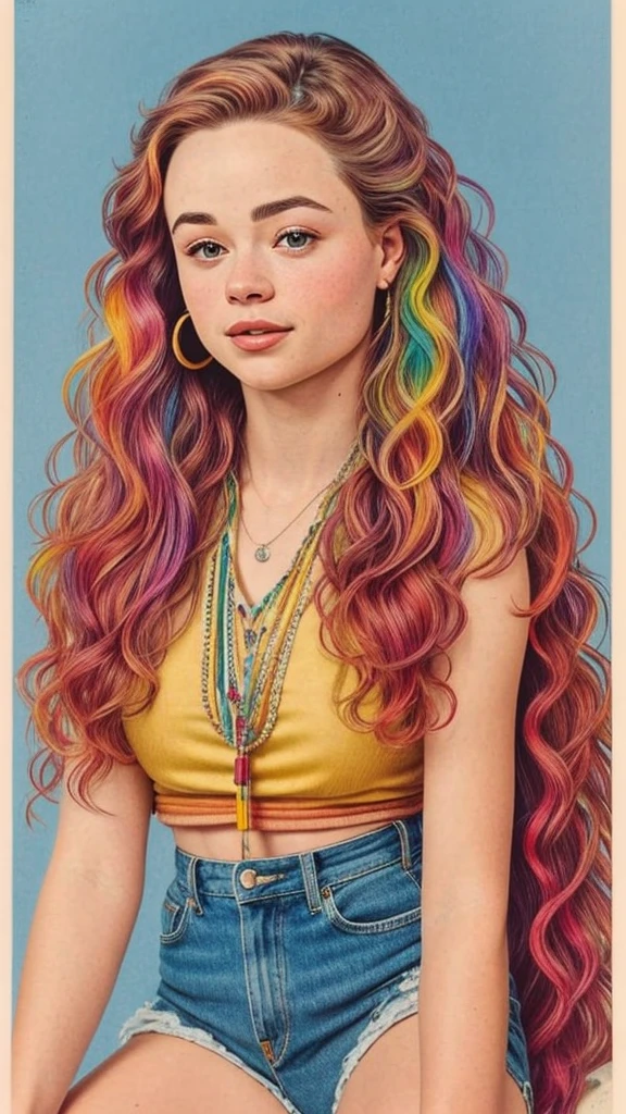 A beautiful young woman, combination of Erin Moriarty:0.7, joey king:0.5, sydney sweeney:0.4 full body portrait, line art, high-quality ink drawing, ultra-detailed, realistic shading, vibrant colors, elegant posture, hanging out, vivid colors, flat image, Looking at the viewer in hip-hop style streetwear, different, colorfull, long, highly colored hair 🌈