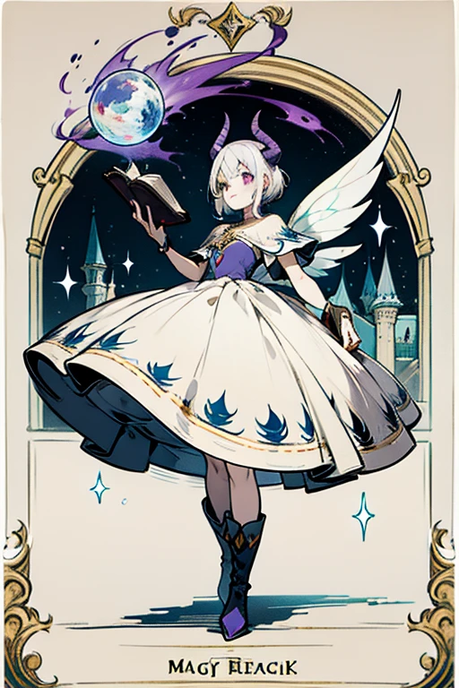 Beautiful completely white lady, purple magics eyes, magic, fantasy, fairy tales, fairy tales for ren, fairy tail, white hair, magical atmosphere, magical look, little black horns, white skin, phoenix background, holding a magic book, magic book, annoying dace, tall girl, medieval nobles clothes, boots, magic accessories, magician detailed dress, large white hair, annoying expression, elegant pose
