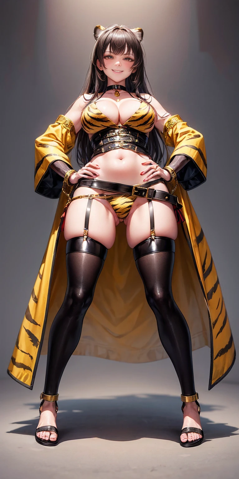 ((Masterpiece, plain background,1:2, masterpiece)) full body standing with separate yellow tiger print stockings thighs and sleeves, yellow tiger bikini print, hands on waist, navel, lustful smirking smiling, smile face (red blushed, red cheeks) armbands, black leather choker slave collar, metal sandals, big knockers, cleavage, separate sleeves, leather corset, hands on hips, shackles bracelets, slave red crest, loincloth standing, metal sandals, big belt, view from below, feet together, bracers, standing contrapposto straight symmetrical looking to viewer