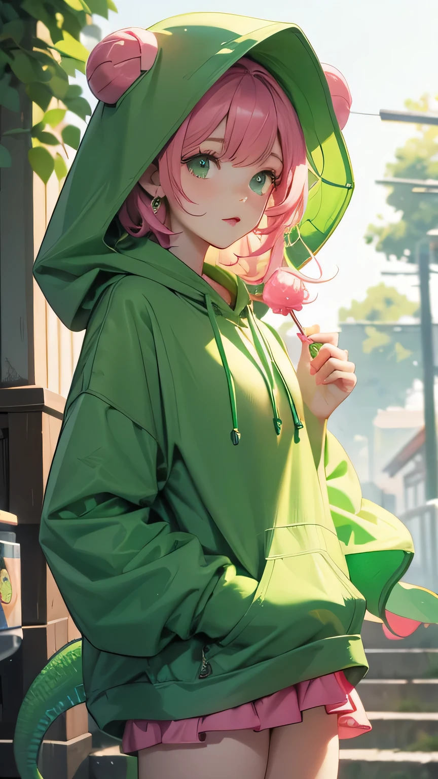 green hood, green chameleon hat, green tail, pink lollipop