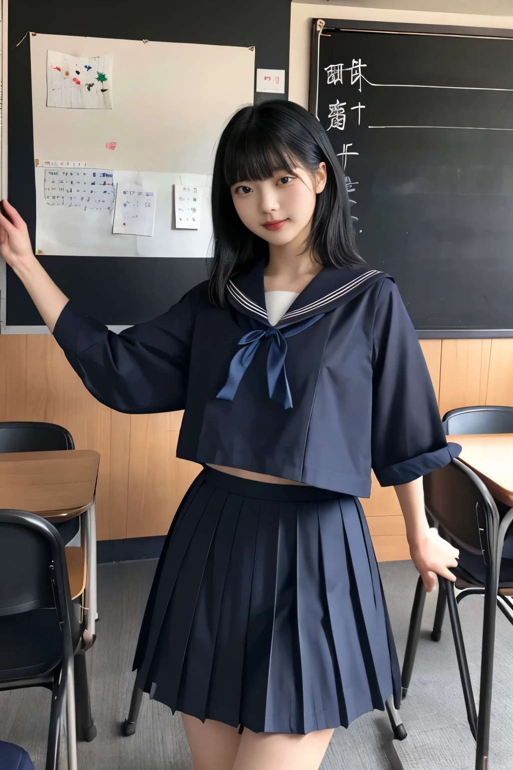 Masterpiece、highest quality、Woman 1、Super detailed　Black Hair、Straight Hair　Japanese school girl uniform、Sailor suit、Pleated skirt、Long skirt、erect nipples、Chest　Muscular thighs　classroom、blackboard
