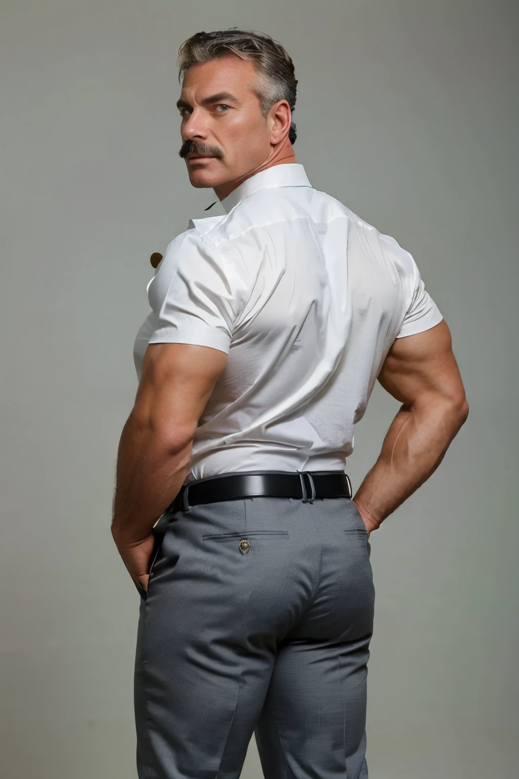 age 60, white man police detective with a mature, backside, kind demeanor, strong and muscular yet chubby build, mustache, wearing dress pants and a buttoned-open translucent shirt that reveals a hairy chest and a noticeable bulge, wearing detective badge on belt, giving off a hint of a horny yet disgusting aura, completing the look with comfortable loafers. Thong backside backside 