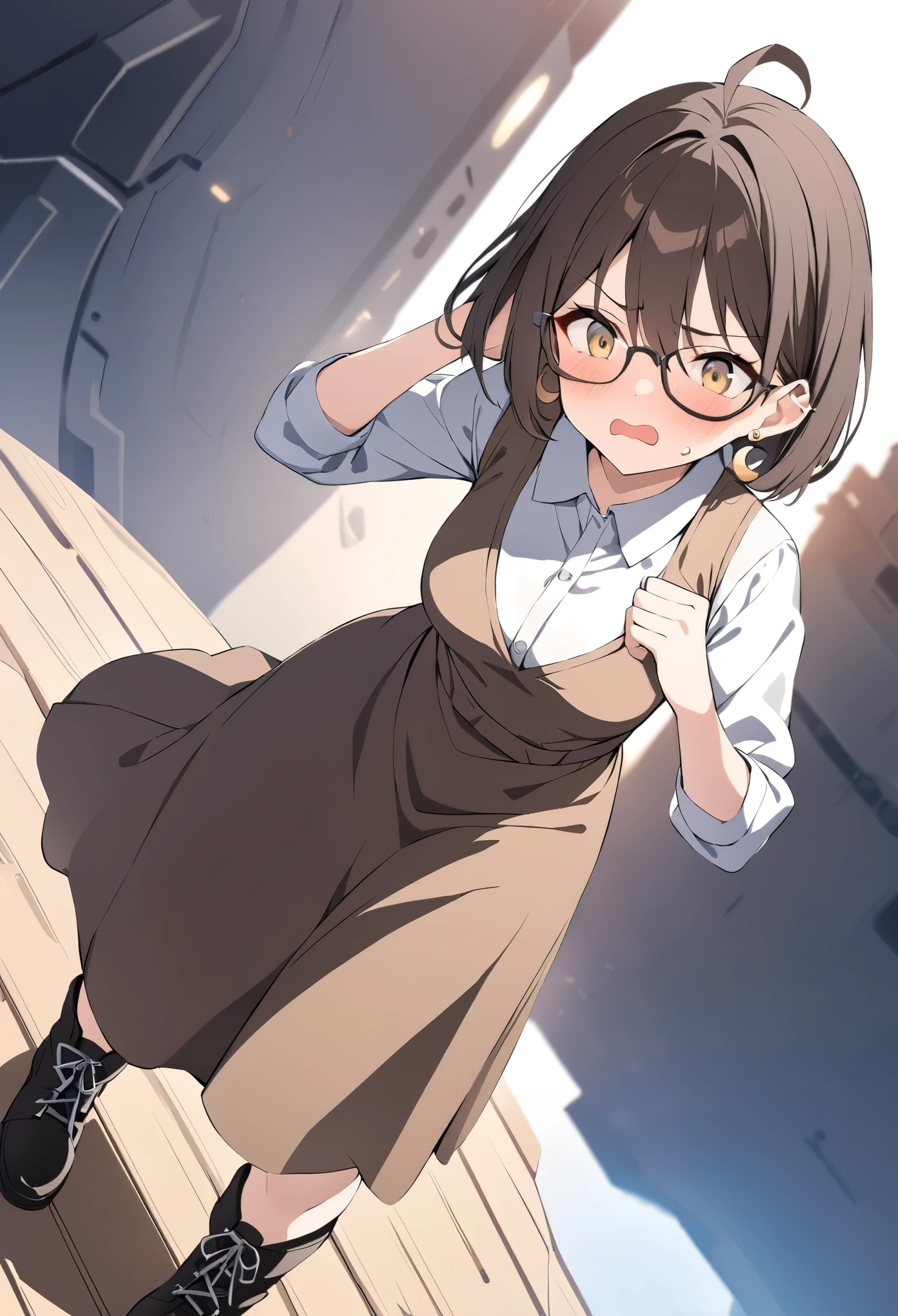 best quality, masterpiece, ultra resolution, super details, anatomically correct, a girl of twenty, full body, (dark brown hair:1.2), high quality eyes, high quality hands, short hair, light yellow eyes, (short antenna ahoges:1.3), glasses, asymmetric earrings, (crescent earring on the left ear:1.2), (sun earring on the right ear:1.3), medium breasts, white shirt, brown vest dress, long sleeves, loose sleeves, (long skirt), short boots, coward, (shaking mouth:1.2), fluish, embarrased expression, on the deck of a starship, high quality background, depth of field, dutch angle