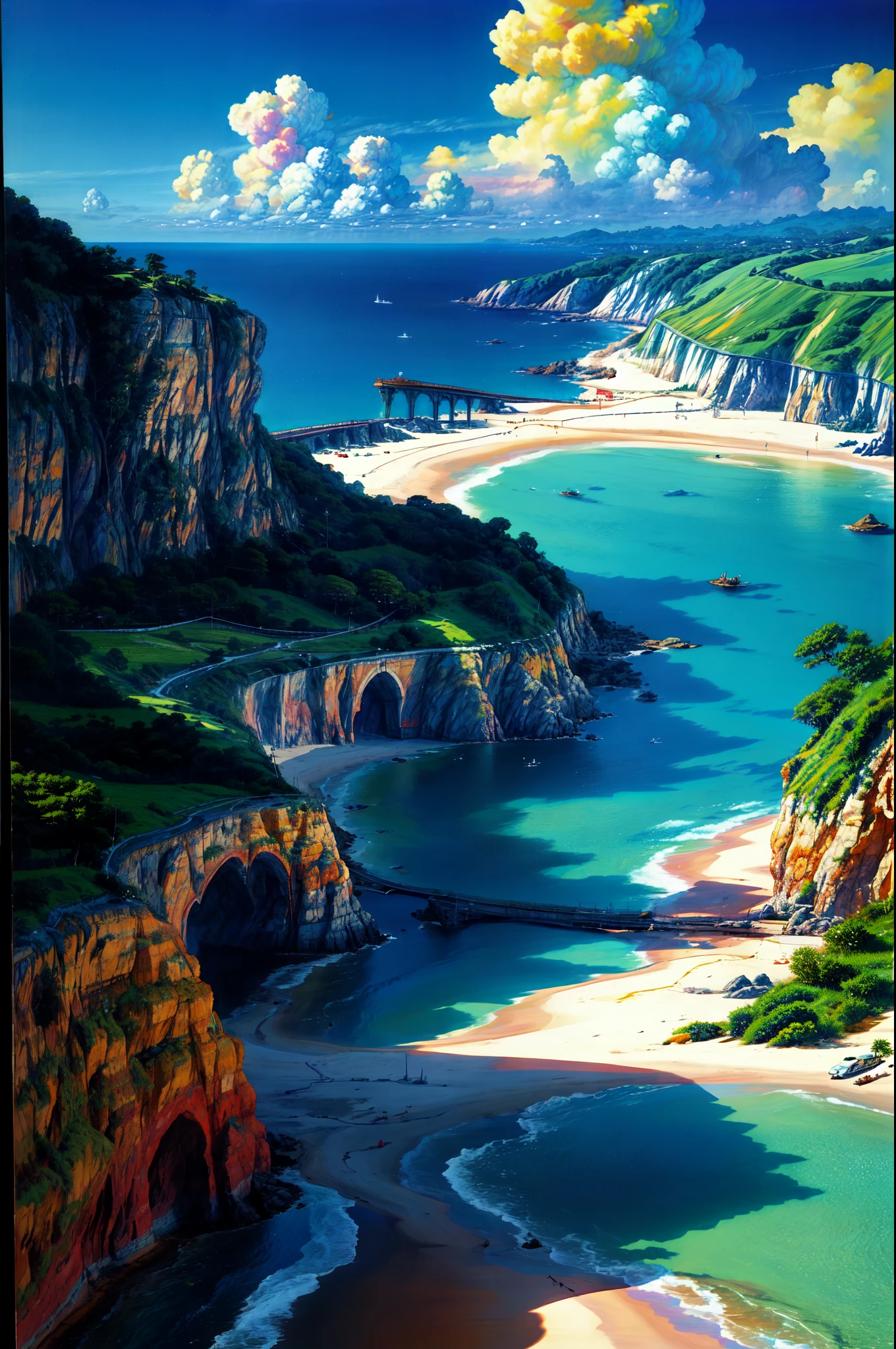 (masterpiece:1.2), (beautiful:1.2), (highest quality:1.2), (Absurd:1.2), Super detailed, Ray Tracing, cloud, blue sky, Outdoor, Ocean, Beach, Promenade, scenery, retro artstyle, 1990s (style)