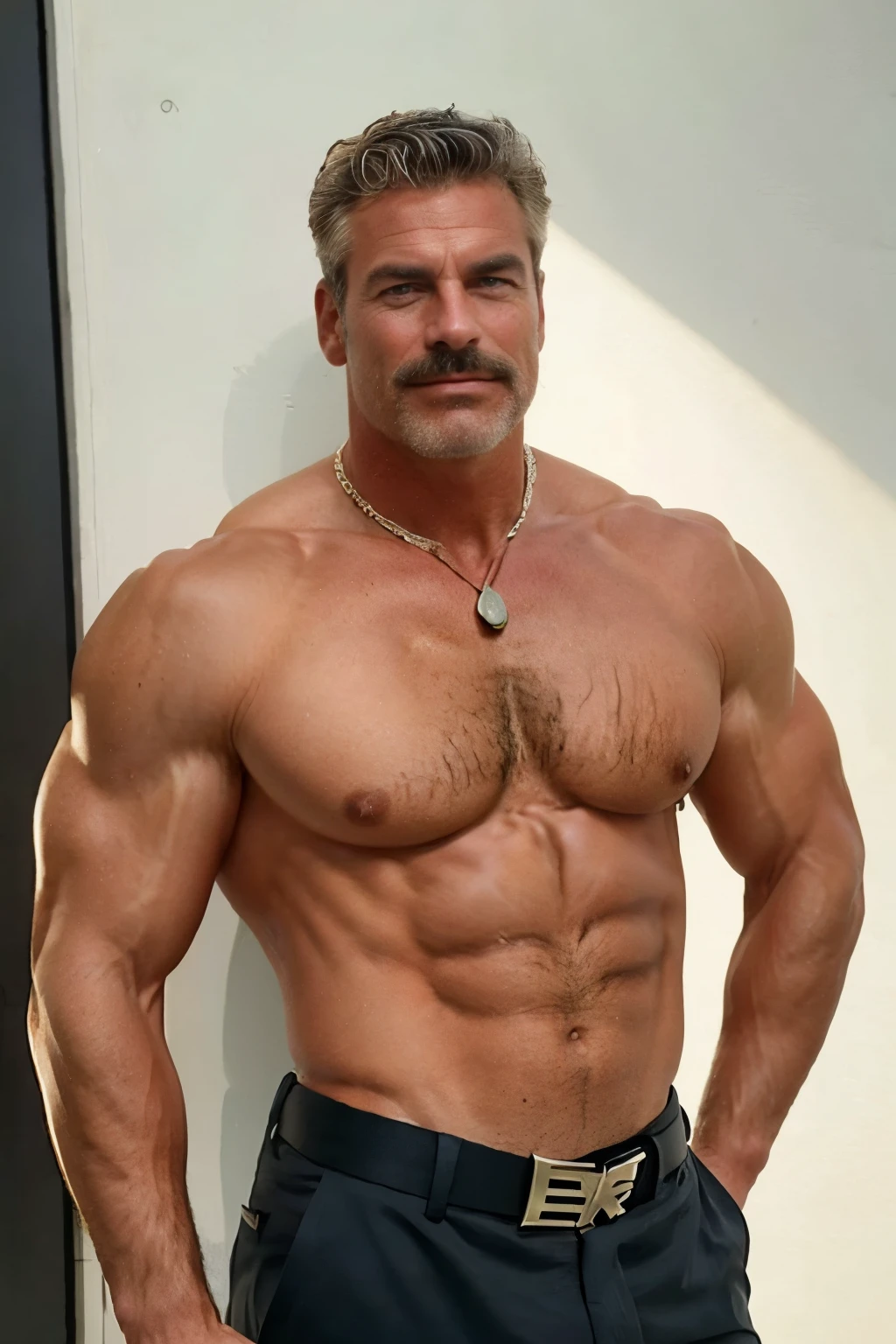 age 60, white man police detective with a mature, backside, kind demeanor, strong and muscular yet chubby build, mustache, wearing dress pants and a buttoned-open translucent shirt that reveals a hairy chest and a noticeable bulge, wearing detective badge on belt, giving off a hint of a horny yet disgusting aura, completing the look with comfortable loafers. Short backside backside