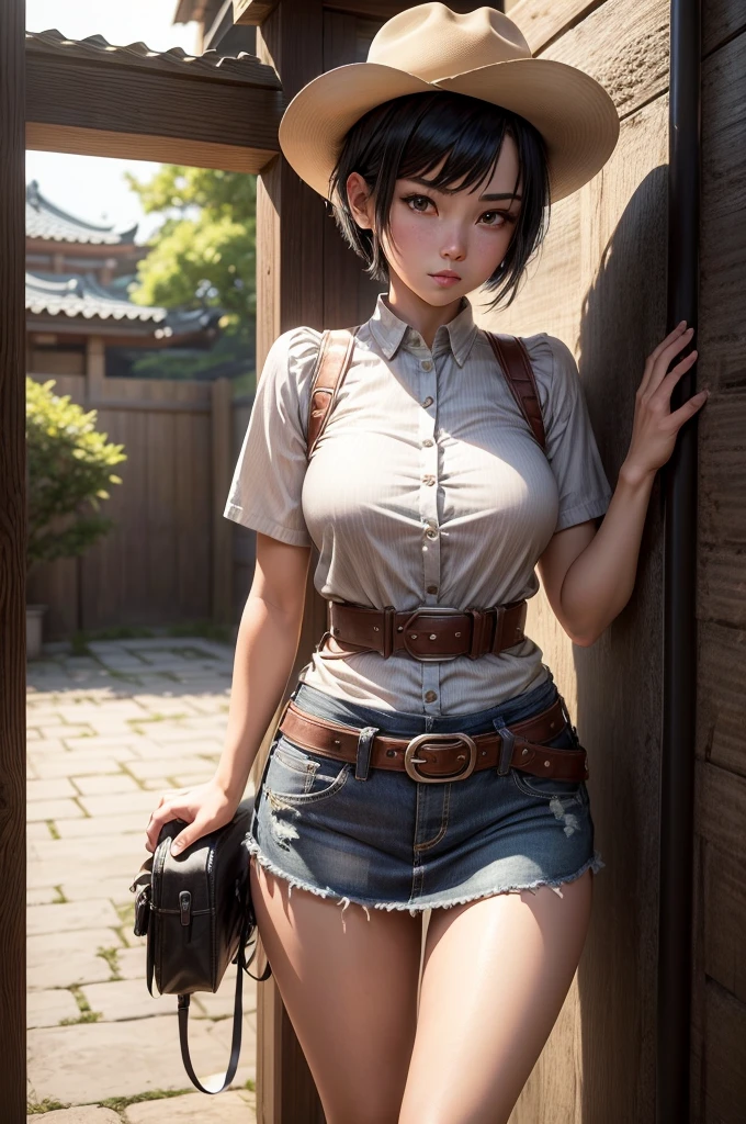 1 girl, ((alone:1.5)),Black Short Hair,Gunfighter costume,gun belt,watch, Short sleeve cowgirl shirt:1.8,Ultra mini skirt:1.8,Ten-gallon hat, Blushing:1.2, Perfect light, 8k, masterpiece:1.2, Very detailed, Realistic:1.37, Full HD, The wall of the underground sake cellar,(Front shot:1.3),(Are standing),((Alluring face:1.2))