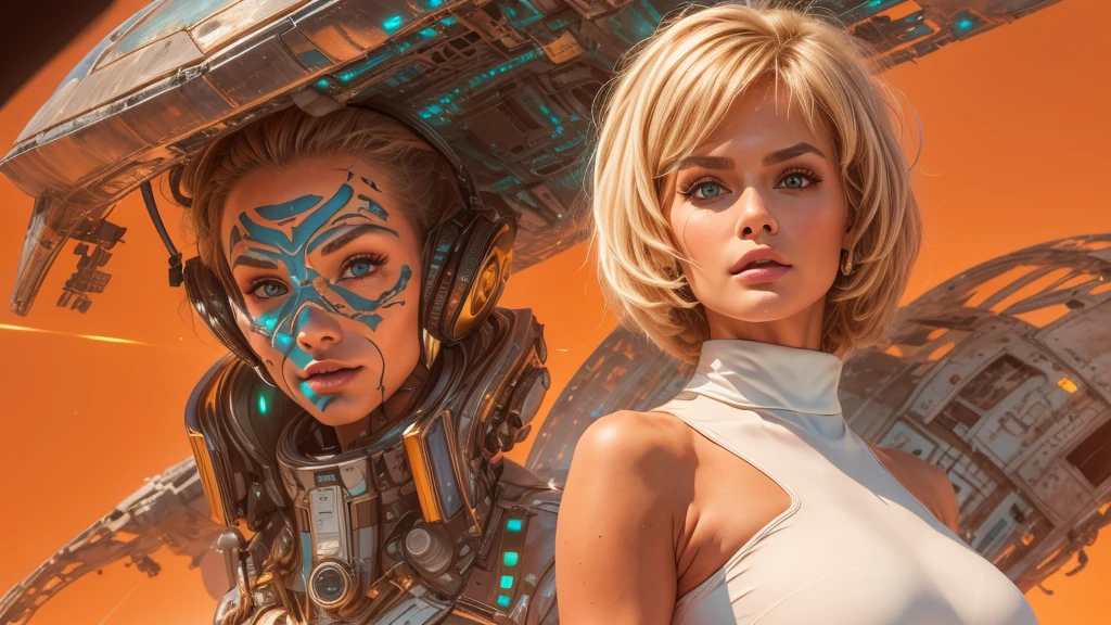 arafed image of a white woman in a futuristic suit with a spaceship in the background, movie art, in front of an orange background, inspired by Robert McGinnis, female protagonist, megastructure in the background, portrait of an ai astronaut, astronauts, an astronaut, portrait of a astronaut skeletor, perfect android girl, detailed eyes, perfectly detailed teeth, frank franzzeta and sakimichan  