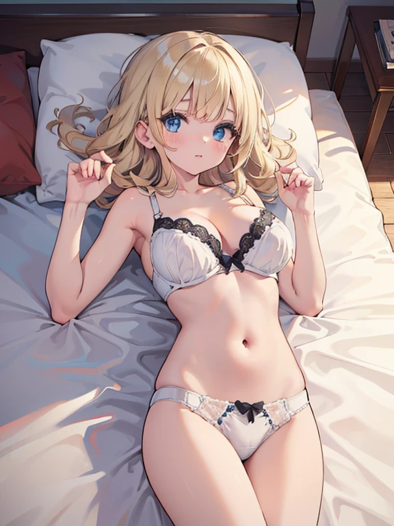 masterpiece, highest quality, Very detailed, 16k, Ultra-high resolution、One , Big Breasts, Detailed face、Perfect Fingers, blue eyes, Blonde, Braid, White panties, White bra, Western-style room, futon, Lie on your back