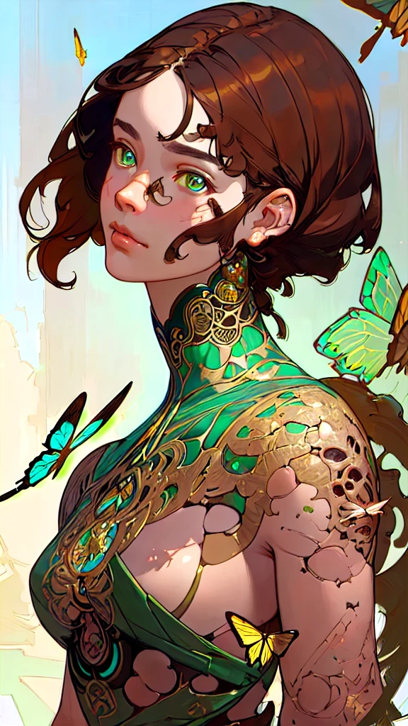 8k portrait of beautiful cyborg with brown hair, intricate, elegant, highly detailed, majestic, digital photography, art by artgerm and ruan jia and greg rutkowski surreal painting gold butterfly filigree, broken glass, (masterpiece, sidelighting, finely detailed beautiful eyes: 1.2), hdr, 