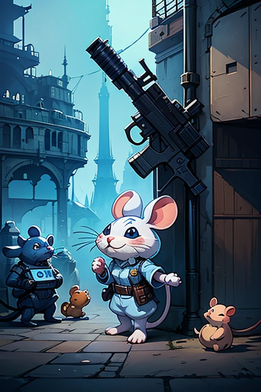 Imaginative concept art of a cute creature inspired by Lora, with the appearance of a mouse and dressed as a policeman. (CuteCreatures tag weighted at 0.9)