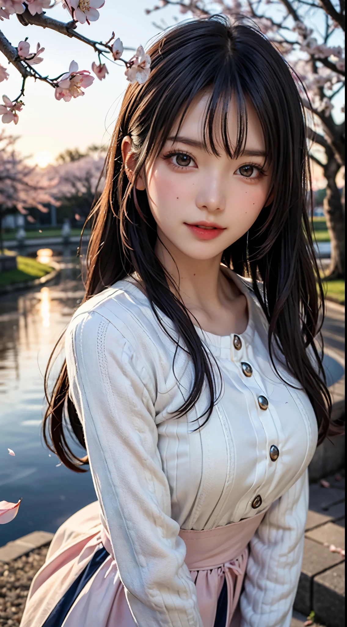 Mastepiece, highest quality, figure, Ultra high definition, Fine details, High resolution, 8k wallpaper, Perfect dynamic composition, Beautiful fine details, Wearing a dress, Natural color lips, random cute pose, Perfect and beautiful face, cute, Sexy Face, sunset, Ecstasy face, Feminine face, (cherry blossoms, cherry blossoms, 落ちてくるcherry blossomsの花びら, cherry blossoms吹雪, Falling petals), waving in the Wind Hair, Hair fluttering, pink cherry blossoms, Petals fluttering, cherry blossoms吹雪, Nice views, sunrise, Sun in the background, Wind,
