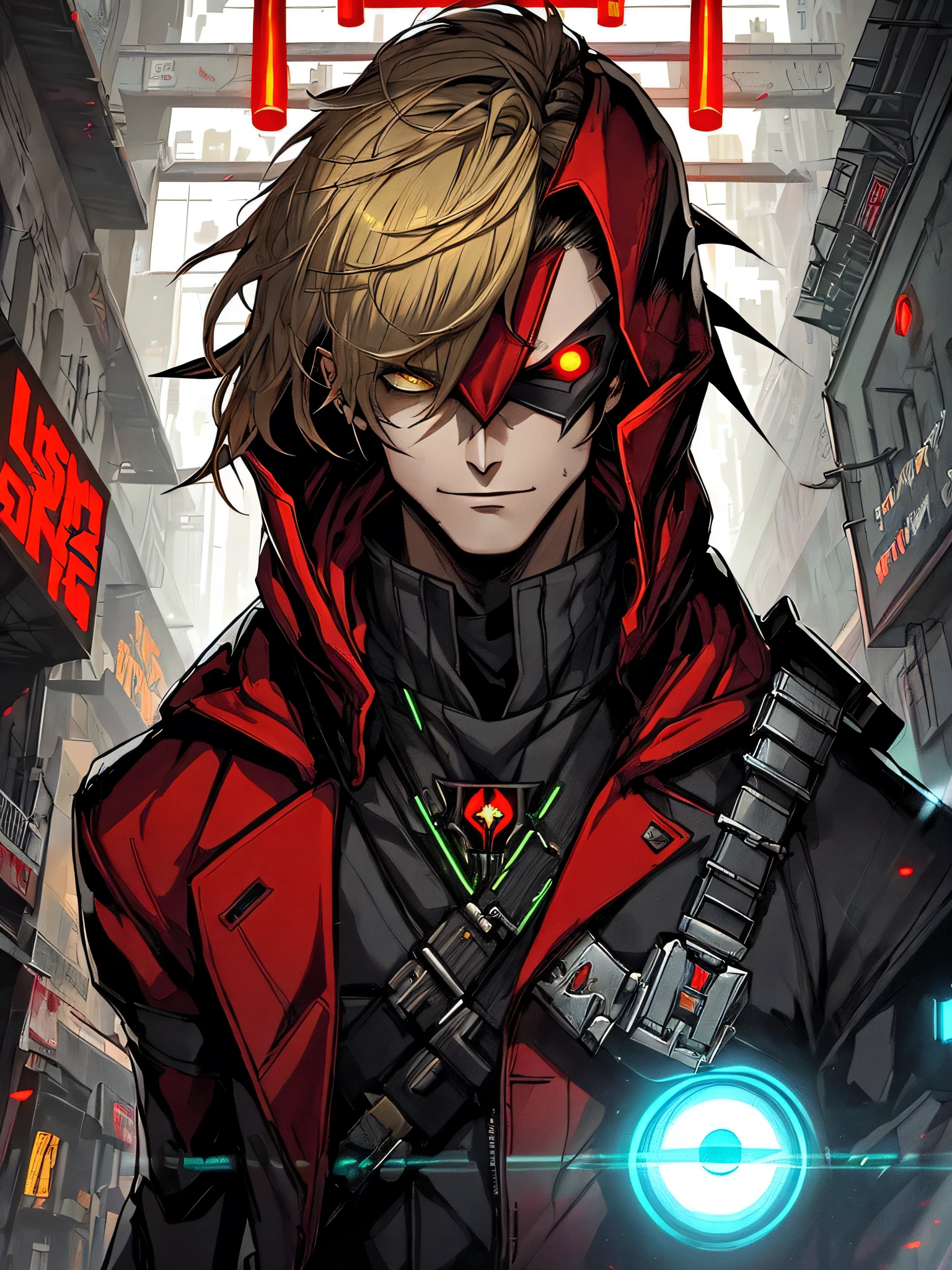 Inquisitor. MALE. Gloomy portrait of Evil Red Hood from DC with intricate angular cybernetic implants inside a brutalist building, gothic brutalist cathedral, cyberpunk, short hair, golden hair, yellow eyes, ((SITH EYE'S)) award-winning photo, bokeh, neon lights, cybernetic limb. dark.