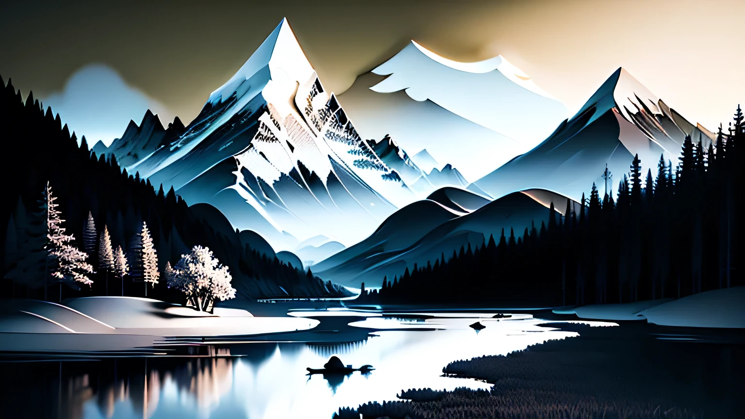 (realistic,highres,masterpiece:1.2),black and white ink landscape, detailed mountain range, intricate trees, flowing river, dramatic clouds, smooth ink strokes, contrasting shadows, ethereal atmosphere, minimalistic style, soft and subtle gradients, delicate textures, delicate vegetation, tranquil mood, precise line work, dynamic composition, immersive depth, captivating chiaroscuro, expertly rendered ink details, intricate hatching, fine lines, skillful cross-hatching, beautiful balance of light and darkness, masterful ink wash techniques, evocative sense of movement, timeless and classic aesthetic, harmonious contrast, strong sense of depth, breathtaking simplicity.