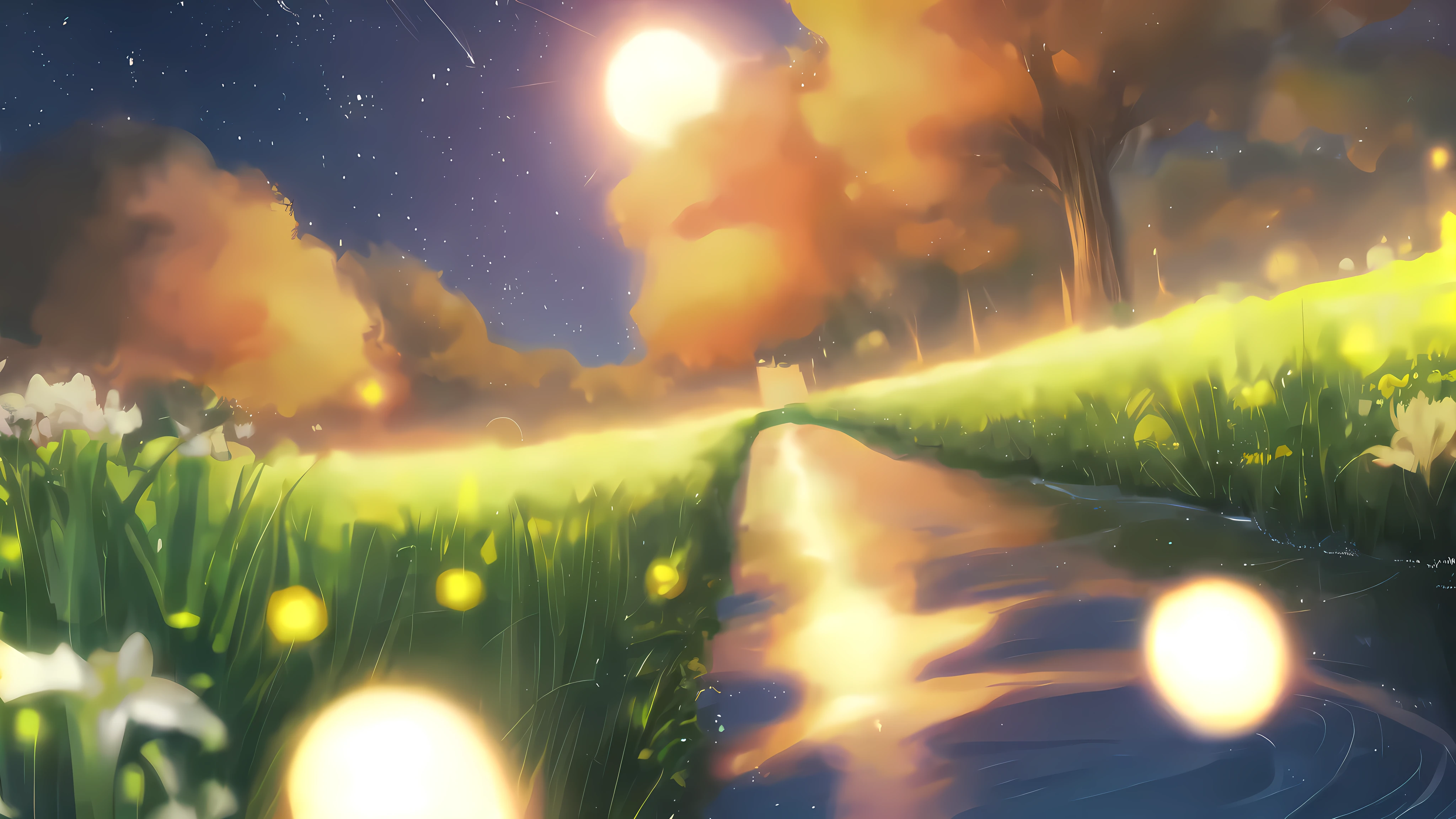 Generate a beautiful image of a moonlit night in Japan, with a serene water surface reflecting the moonlight. The image should showcase a lush cherry blossom tree and a field of soybean plants. The perspective of the image should be from below, looking up towards the sky.