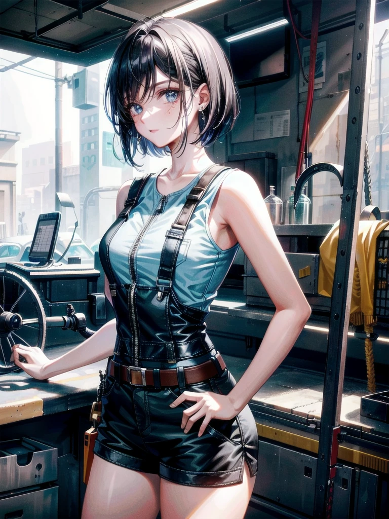 whole body, mechanic in a busy auto workshop (setting: industrial, cluttered). She's in a mechanic's jumpsuit (fabric: durable, oil-stained) with a tool belt, absurdres, RAW photo, extremely delicate and beautiful, masterpiece, Best Quality, ultra high resolution, 32k, hyperrealistic, ultra-detailed, detailed description, pale skin, 20 years old, detailed beautiful face and eyes, tearful mole, earring, short medium hair, wavy hair, shorts,