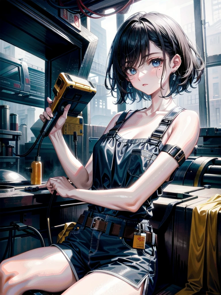 whole body, mechanic in a busy auto workshop (setting: industrial, cluttered). She's in a mechanic's jumpsuit (fabric: durable, oil-stained) with a tool belt, absurdres, RAW photo, extremely delicate and beautiful, masterpiece, Best Quality, ultra high resolution, 32k, hyperrealistic, ultra-detailed, detailed description, pale skin, 20 years old, detailed beautiful face and eyes, tearful mole, earring, short medium hair, wavy hair, shorts,