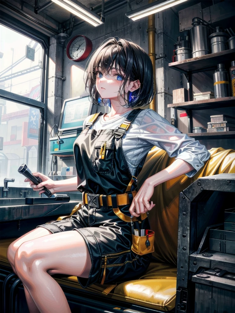 whole body, mechanic in a busy auto workshop (setting: industrial, cluttered). She's in a mechanic's jumpsuit (fabric: durable, oil-stained) with a tool belt, absurdres, RAW photo, extremely delicate and beautiful, masterpiece, Best Quality, ultra high resolution, 32k, hyperrealistic, ultra-detailed, detailed description, pale skin, 20 years old, detailed beautiful face and eyes, tearful mole, earring, short medium hair, wavy hair, shorts,