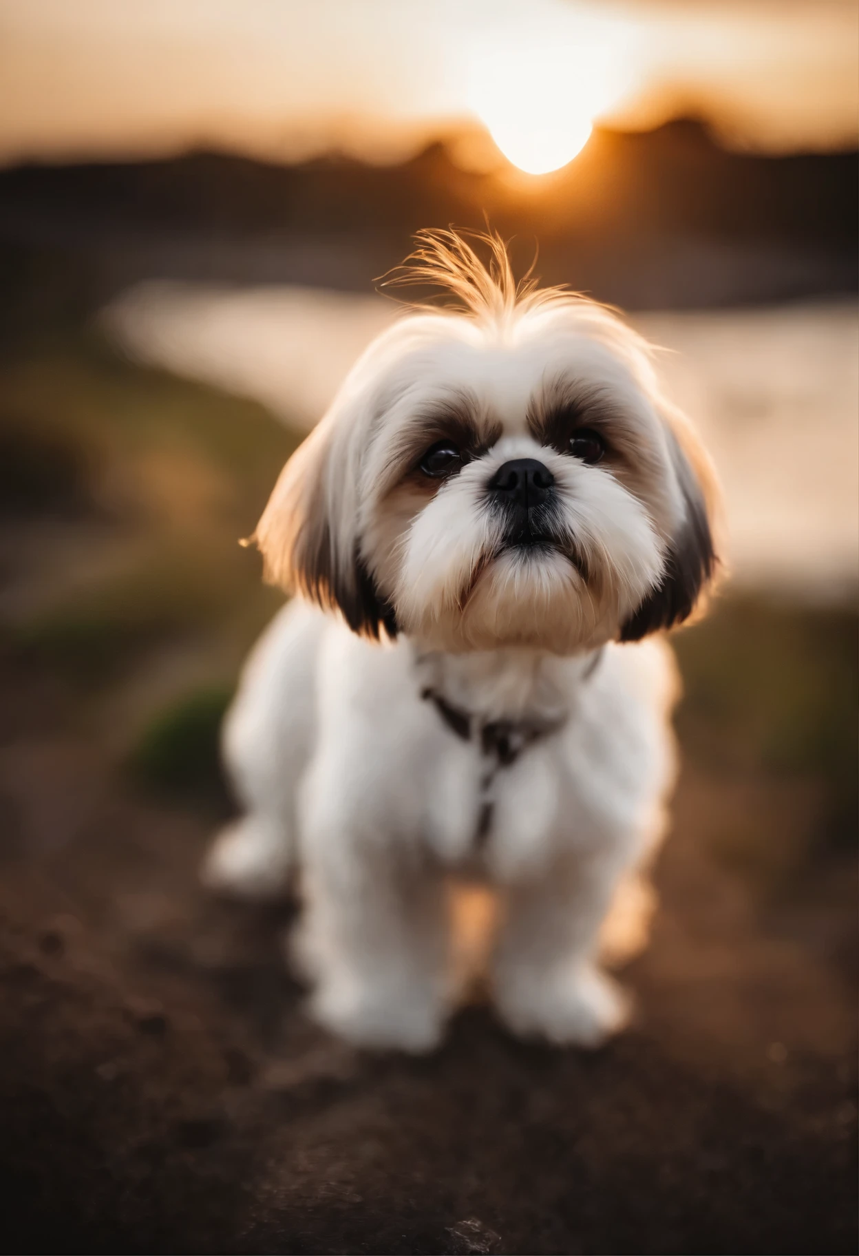 A white Shih Tzu dog sitting looking up at the sunset、Coastal、Nasal Petya、Looks lonely、Very beautiful、Reality