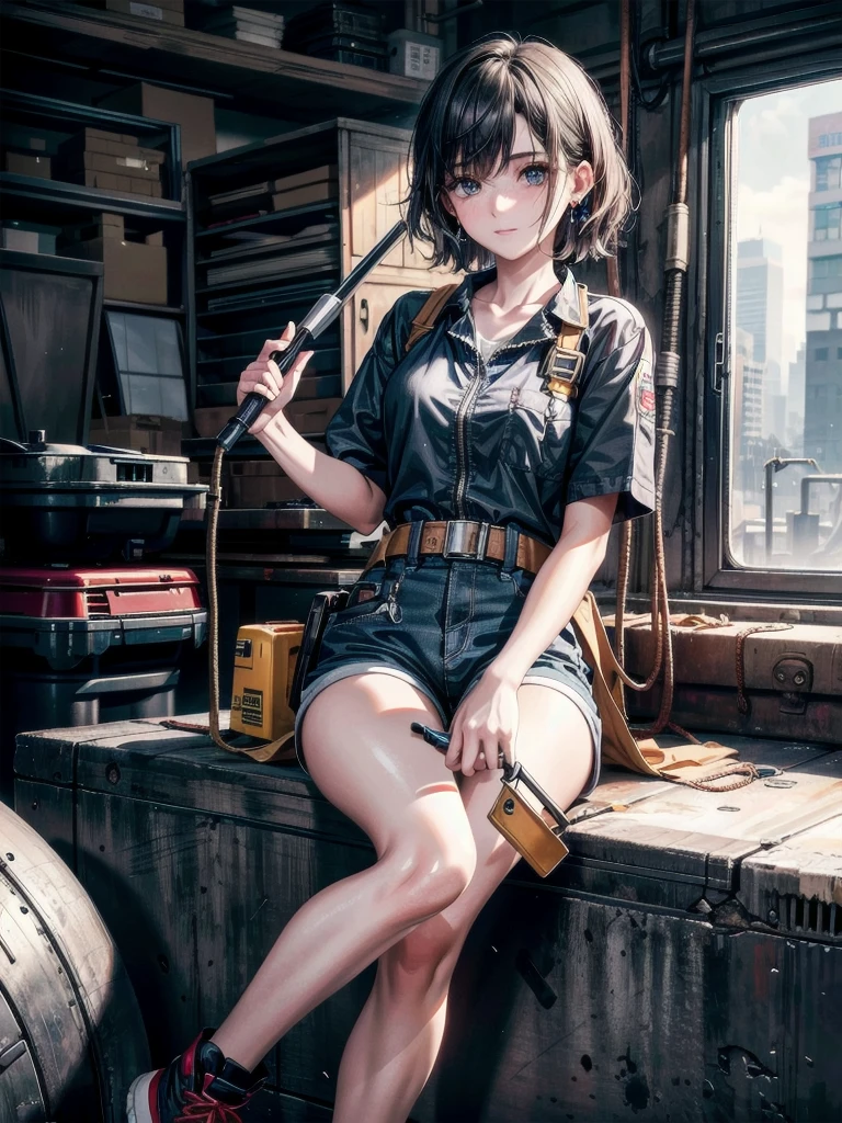 whole body, mechanic in a busy auto workshop (setting: industrial, cluttered). She's in a mechanic's jumpsuit (fabric: durable, oil-stained) with a tool belt, absurdres, RAW photo, extremely delicate and beautiful, masterpiece, Best Quality, ultra high resolution, 32k, hyperrealistic, ultra-detailed, detailed description, pale skin, 20 years old, detailed beautiful face and eyes, tearful mole, earring, short medium hair, wavy hair, shorts,