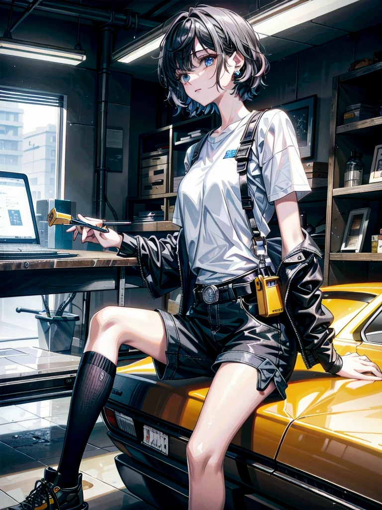 whole body, mechanic in a busy auto workshop (setting: industrial, cluttered). She's in a mechanic's jumpsuit (fabric: durable, oil-stained) with a tool belt, absurdres, RAW photo, extremely delicate and beautiful, masterpiece, Best Quality, ultra high resolution, 32k, hyperrealistic, ultra-detailed, detailed description, pale skin, 20 years old, detailed beautiful face and eyes, tearful mole, earring, short medium hair, wavy hair, shorts,