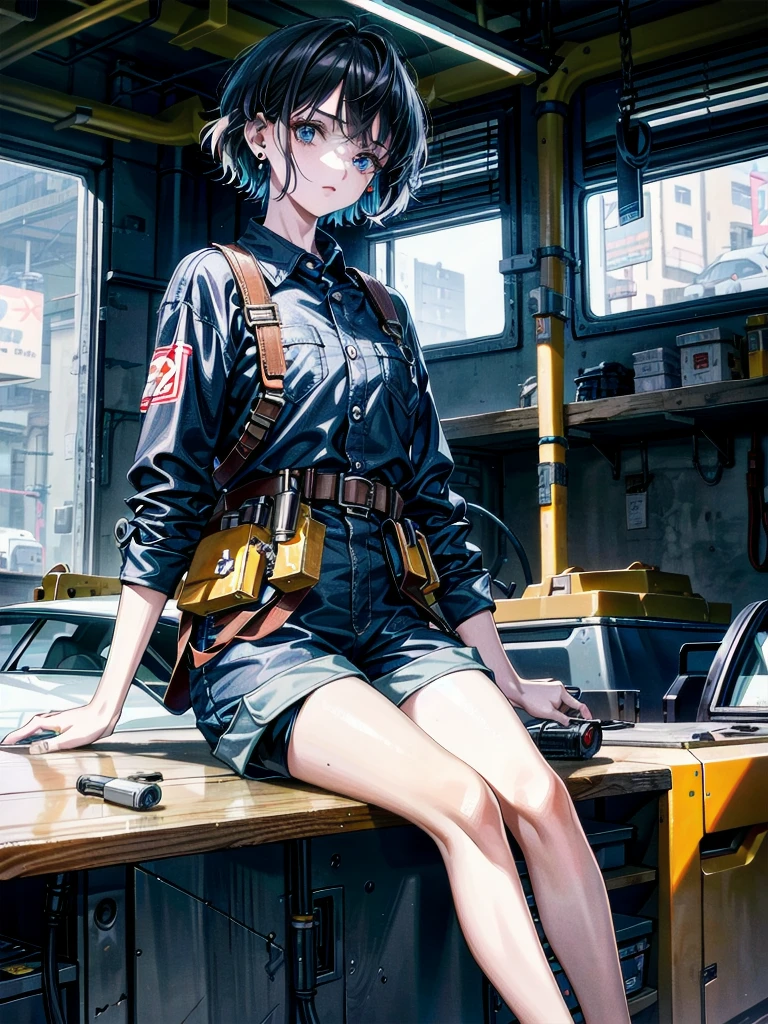 whole body, mechanic in a busy auto workshop (setting: industrial, cluttered). She's in a mechanic's jumpsuit (fabric: durable, oil-stained) with a tool belt, absurdres, RAW photo, extremely delicate and beautiful, masterpiece, Best Quality, ultra high resolution, 32k, hyperrealistic, ultra-detailed, detailed description, pale skin, 20 years old, detailed beautiful face and eyes, tearful mole, earring, short medium hair, wavy hair, shorts,