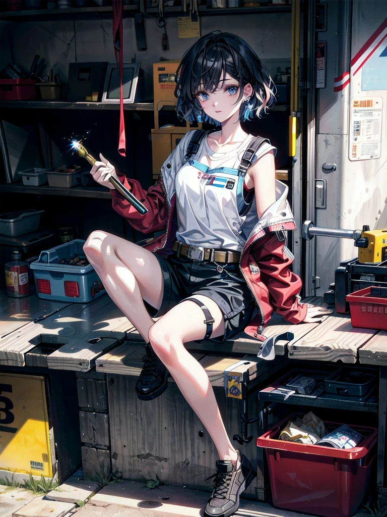 whole body, mechanic in a busy auto workshop (setting: industrial, cluttered). She's in a mechanic's jumpsuit (fabric: durable, oil-stained) with a tool belt, absurdres, RAW photo, extremely delicate and beautiful, masterpiece, Best Quality, ultra high resolution, 32k, hyperrealistic, ultra-detailed, detailed description, pale skin, 20 years old, detailed beautiful face and eyes, tearful mole, earring, short medium hair, wavy hair, shorts,
