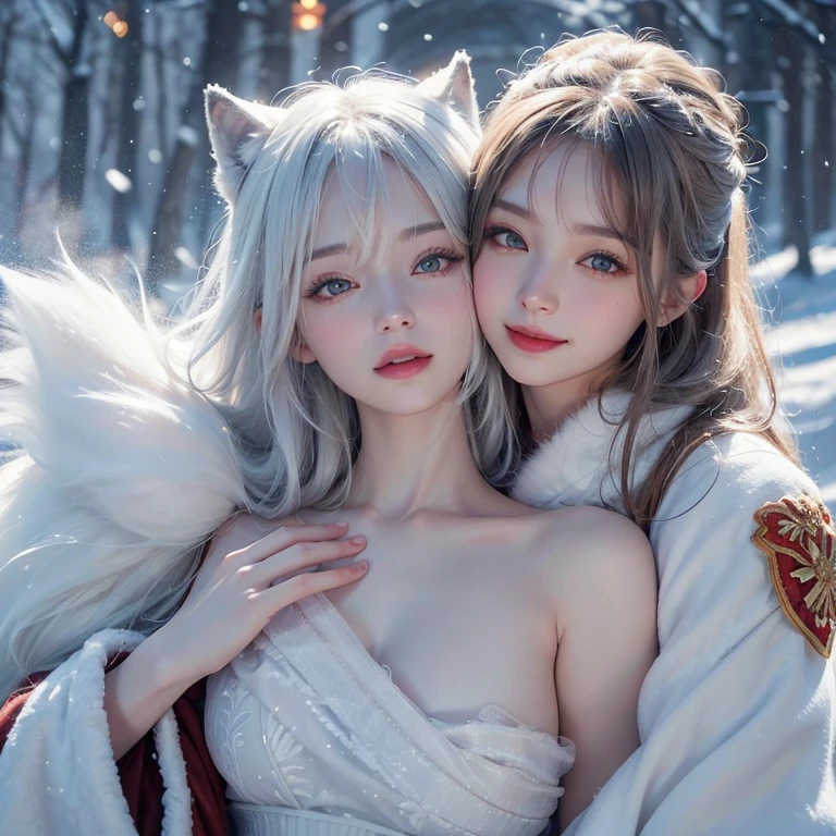 Heavy snowfall,snowing mountain、white wolf、 ((highest quality、masterpiece、8k、best image quality、ultra high resolution、Award-winning work)、(accurate anatomy:1.1)、(look at me and smile:1.1)、Shining fair skin with ultra high resolution、most detailed face、ultra high resolution detailed face、white short hair flowing 、Beautiful face drawn in every detail、(blurred background:1.1)、breast fully covered by fur Russian traditional clothing,real wolf beside the girl 