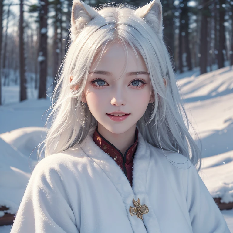 Heavy snowfall,snowing mountain、white wolf、 ((highest quality、masterpiece、8k、best image quality、ultra high resolution、Award-winning work)、(accurate anatomy:1.1)、(look at me and smile:1.1)、Shining fair skin with ultra high resolution、most detailed face、ultra high resolution detailed face、white short hair flowing 、Beautiful face drawn in every detail、(blurred background:1.1)、breast fully covered by fur Russian traditional clothing,real wolf beside the girl