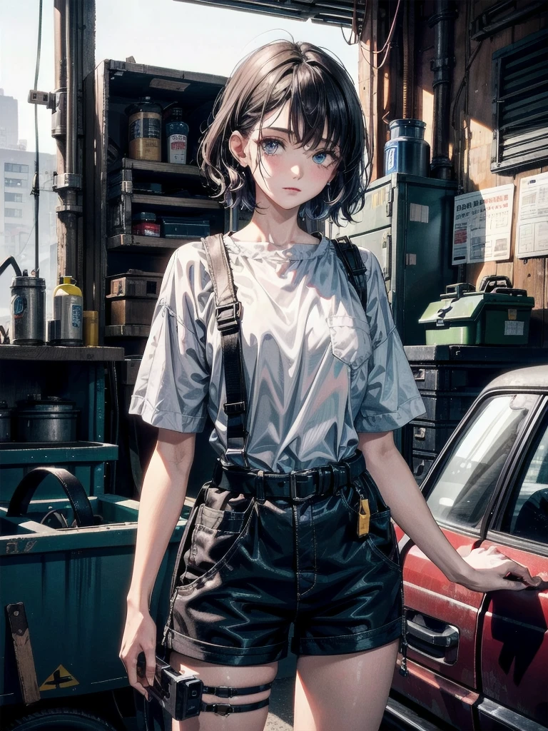 whole body, mechanic in a busy auto workshop (setting: industrial, cluttered). She's in a mechanic's jumpsuit (fabric: durable, oil-stained) with a tool belt, absurdres, RAW photo, extremely delicate and beautiful, masterpiece, Best Quality, ultra high resolution, 32k, hyperrealistic, ultra-detailed, detailed description, pale skin, 20 years old, detailed beautiful face and eyes, tearful mole, earring, short medium hair, wavy hair, shorts,