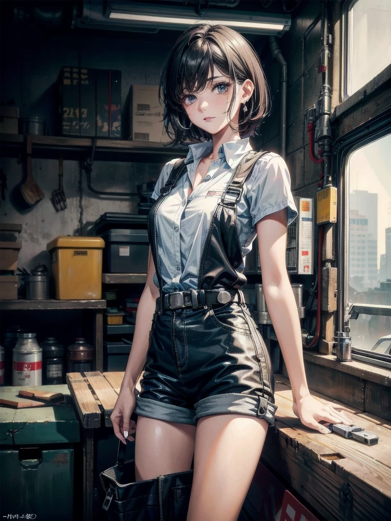 whole body, mechanic in a busy auto workshop (setting: industrial, cluttered). She's in a mechanic's jumpsuit (fabric: durable, oil-stained) with a tool belt, absurdres, RAW photo, extremely delicate and beautiful, masterpiece, Best Quality, ultra high resolution, 32k, hyperrealistic, ultra-detailed, detailed description, pale skin, 20 years old, detailed beautiful face and eyes, tearful mole, earring, short medium hair, wavy hair, shorts,