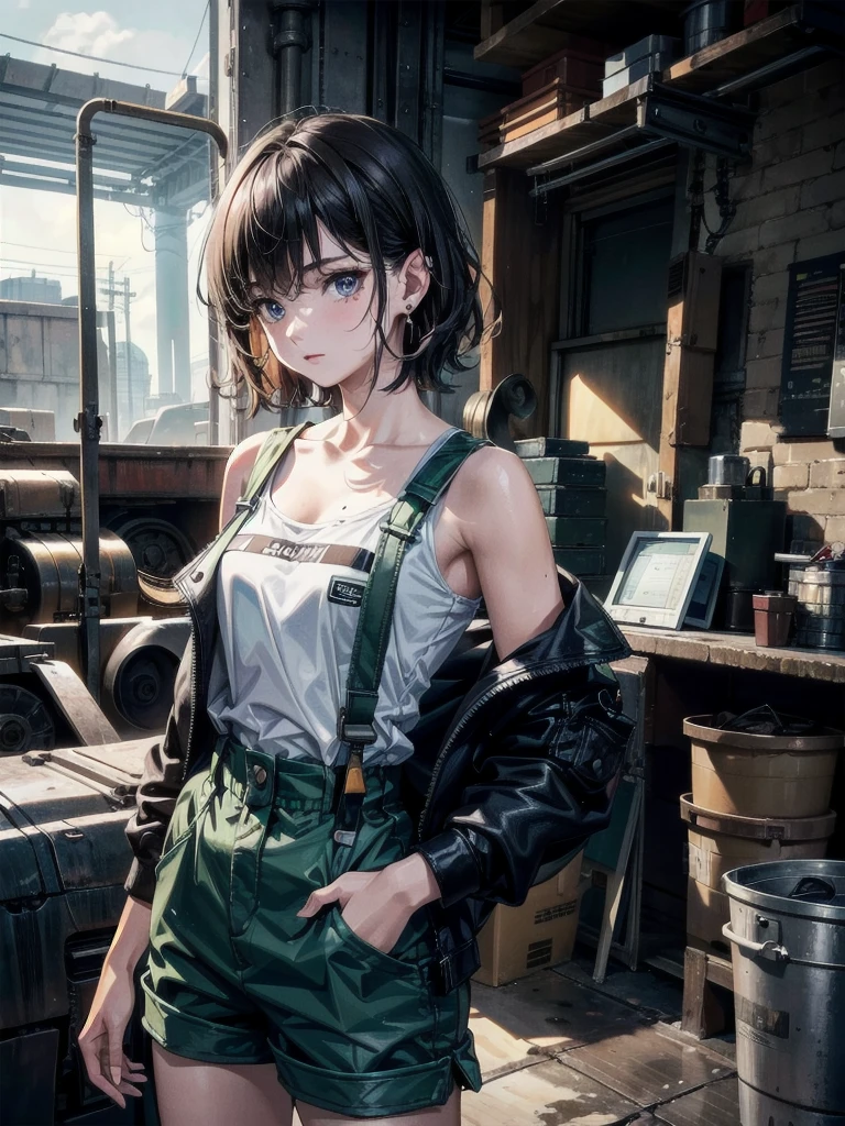 whole body, mechanic in a busy auto workshop (setting: industrial, cluttered). She's in a mechanic's jumpsuit (fabric: durable, oil-stained) with a tool belt, absurdres, RAW photo, extremely delicate and beautiful, masterpiece, Best Quality, ultra high resolution, 32k, hyperrealistic, ultra-detailed, detailed description, pale skin, 20 years old, detailed beautiful face and eyes, tearful mole, earring, short medium hair, wavy hair, shorts,