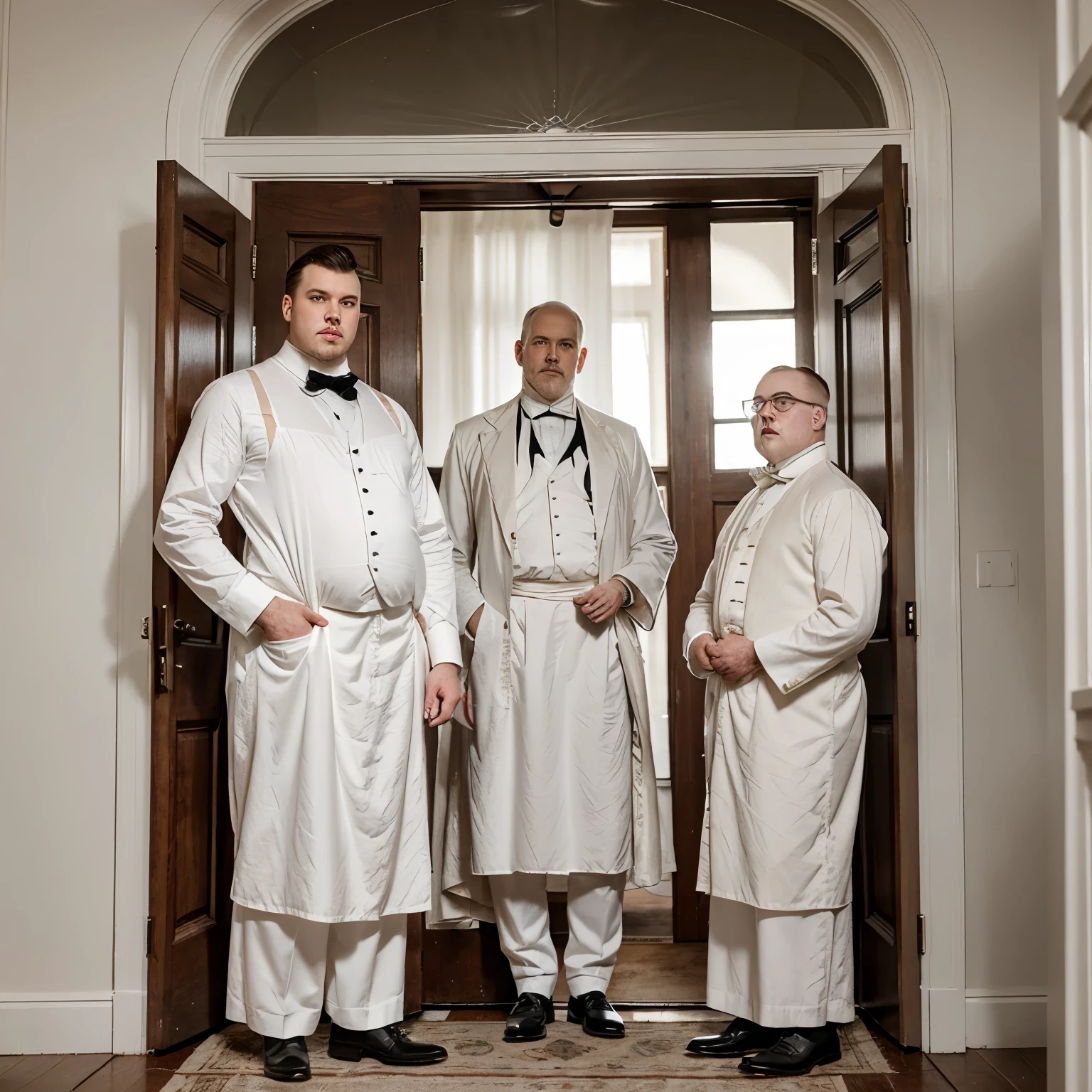Create an image of two pale spirit men or ghosts, a tall skinny man and a short fat man in clothing from the 1800s to 1920s with dress watches standing in a doorway without any emotion.