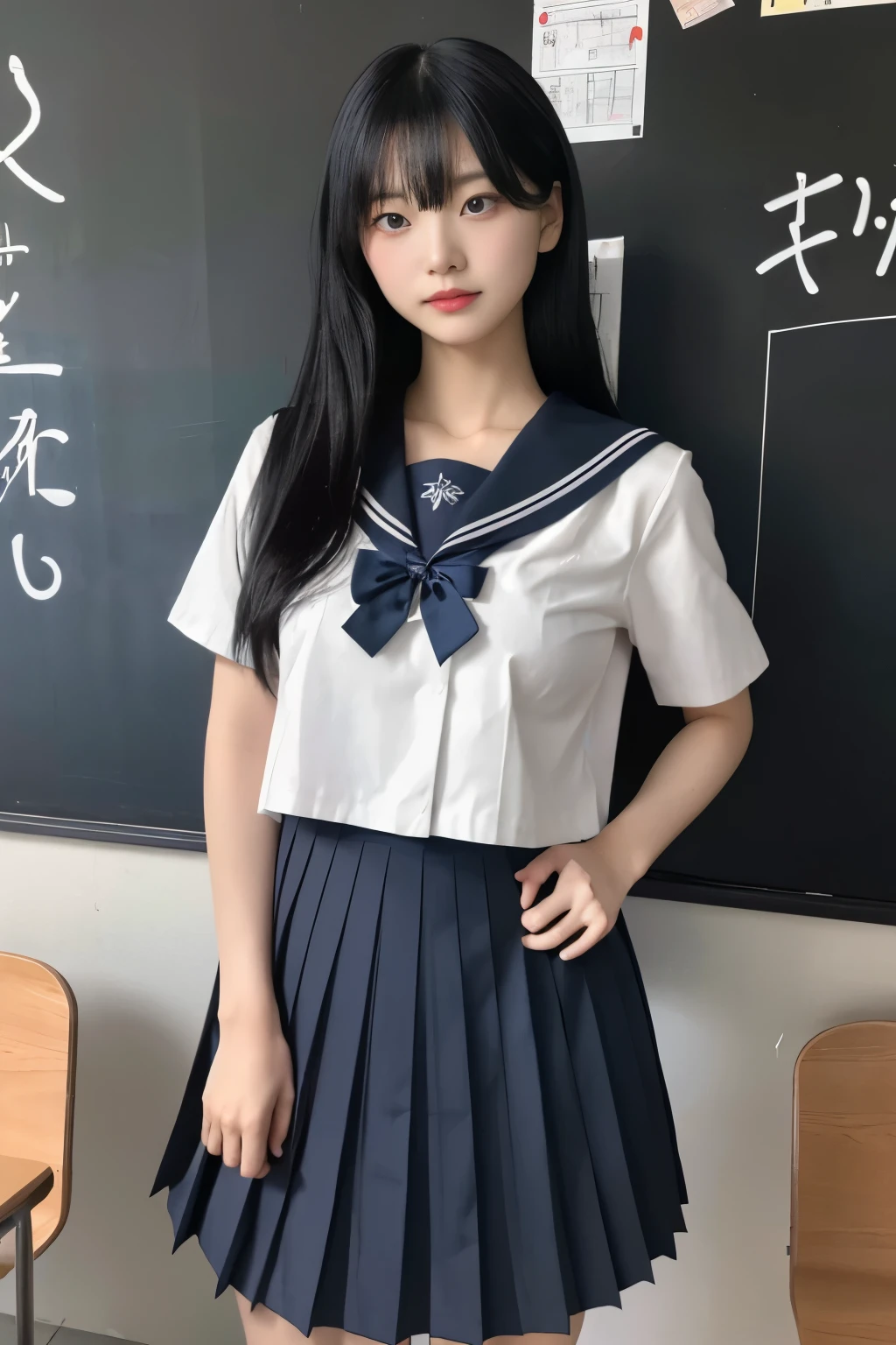 Masterpiece、highest quality、Woman 1、Super detailed　Black Hair、Straight Hair　Japanese school girl uniform、Sailor suit、Pleated skirt、Long skirt、erect nipples、Nipple covers showing through clothes、Protrusion on the chest　Muscular thighs　classroom、blackboard