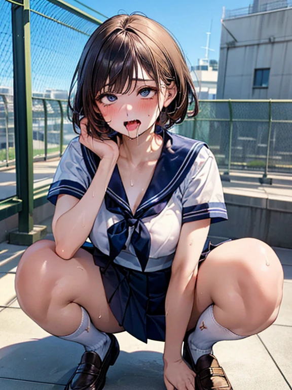 (((Perfect Anatomy, Anatomically correct, Very detailedな肌))), 1 girl, Japanese, high school girl, Shiny skin,
Beautiful Hair, Beautiful Face, Beautiful fine details, (short hair:1.1, Bobcut:1.2), Dark blonde hair:1, blue eyes, Baby Face, Mole under the eye,
Beautiful clavicle, Beautiful body, Beautiful breasts, Large Breasts:0.5, Beautiful thighs, Beautiful feet,
((Short sleeve, cute navy sailor suit, Navy Pleated Skirt, Navy sailor collar, Blue Sailor Scarf, socks, Brown Loafers)), Captivating thighs, ,
((Ahegao, Embarrassing, Drooling, Open your mouth, Sweaty)), ((squat, Spread your legs, Roll up the skirt yourself)),
(Beautiful views), summer, School rooftop, building, Chain link fence,
8k, highest quality, Masterpiece:1.2, Very detailed), (Realistic), Beautiful illustrations, Natural light, Is urinating