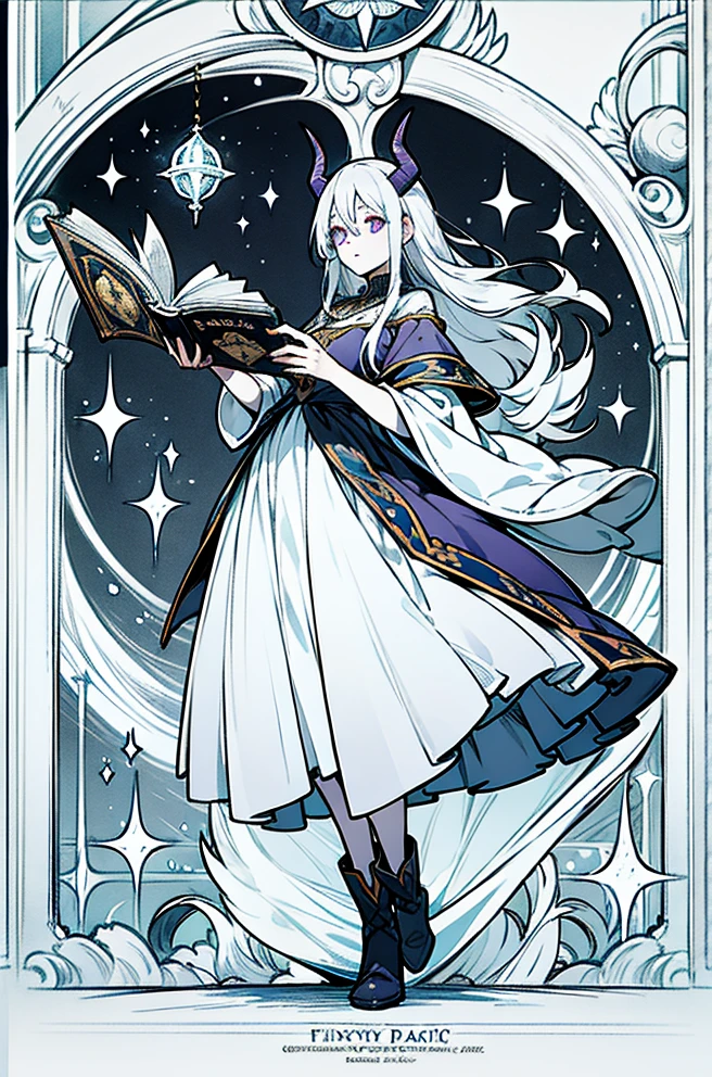 Beautiful completely white lady, purple magics eyes, magic, fantasy, fairy tales, fairy tales for children, fairy tail, white hair, magical atmosphere, magical look, little black horns, white skin, phoenix background, holding a magic book, magic book, annoying dace, tall girl, medieval nobles clothes, boots, magic accessories, magician detailed dress, large white hair, annoying expression, elegant pose