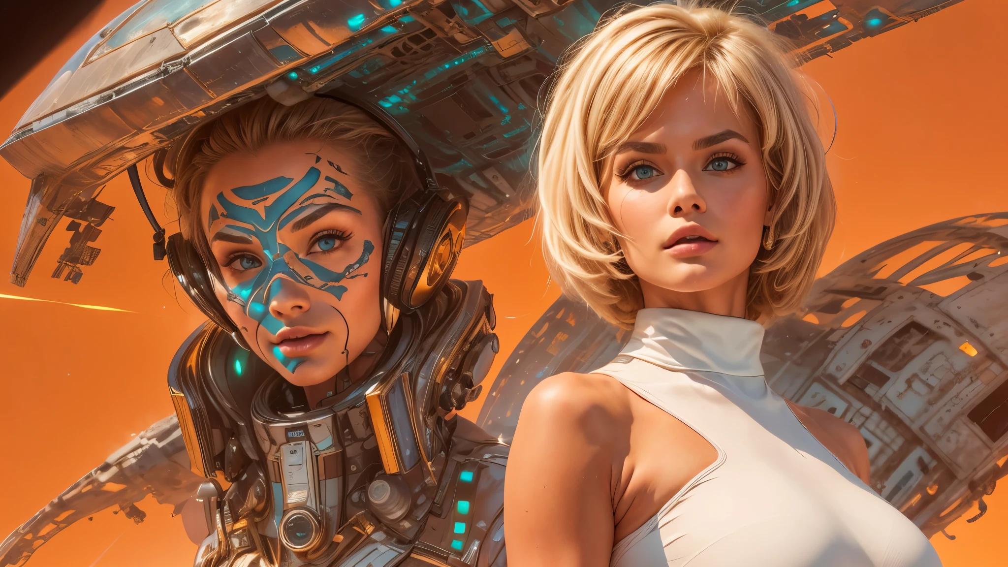 arafed image of a white woman in a futuristic suit with a spaceship in the background, movie art, in front of an orange background, inspired by Robert McGinnis, female protagonist, megastructure in the background, portrait of an ai astronaut, astronauts, an astronaut, portrait of a astronaut skeletor, perfect android girl, detailed eyes, perfectly detailed teeth, frank franzzeta and sakimichan