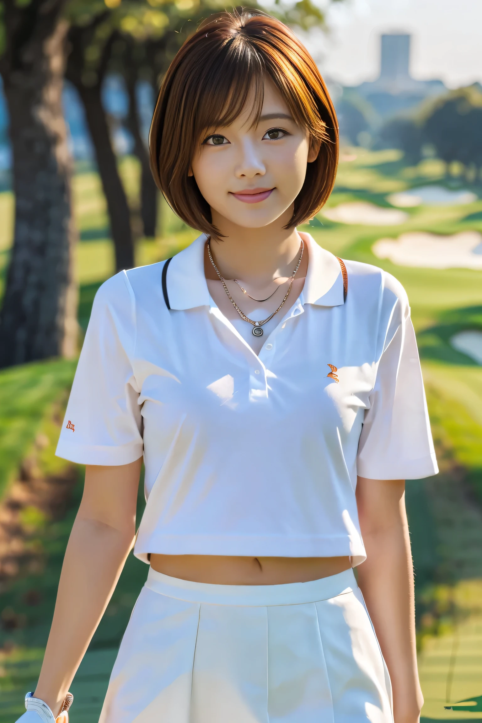 (1. Female), (The best quality at its best:1.4), (Super detailed), (Very detailed CG unified 16k), Beautiful woman with perfect figure: 1.4, Sharp focus: 1.2, Very detailed, High-quality RAW color photos, Professional photography, Great face and eyes, cosmetics, (Amazingly beautiful girl), ((Polo shirt, White mini skirt)), Are standing, Sexy posture，(Playing on the golf course:1.3), (View from below), Realistic movie faces, Wide zoomed out view of head to foot length, Full body long view, Realistic, ((Realistic natural orange red hairstyle, Realistic blue eyes)), ( Short Bob Hair:1.5), (necklace:1.5)、, Very beautiful face, Perfect model beauty, Mouth swelling, Highly detailed face and skin texture, Fine grain, double eyelid, Medium chest, smile, Crack, west, (masterpiece), highest quality, High resolution, Very detailed, Blurred Background, Depth of written boundary, Cinema Lighting, Great legs, , Clear, well-maintained skin, (((Women make up the majority of the photo)))