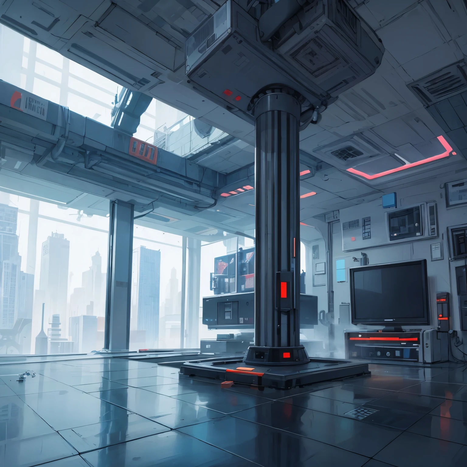 pixel art, a world without color, gray, game, space station indoor, game level design, cute, abstract sketch, windows, robotic city